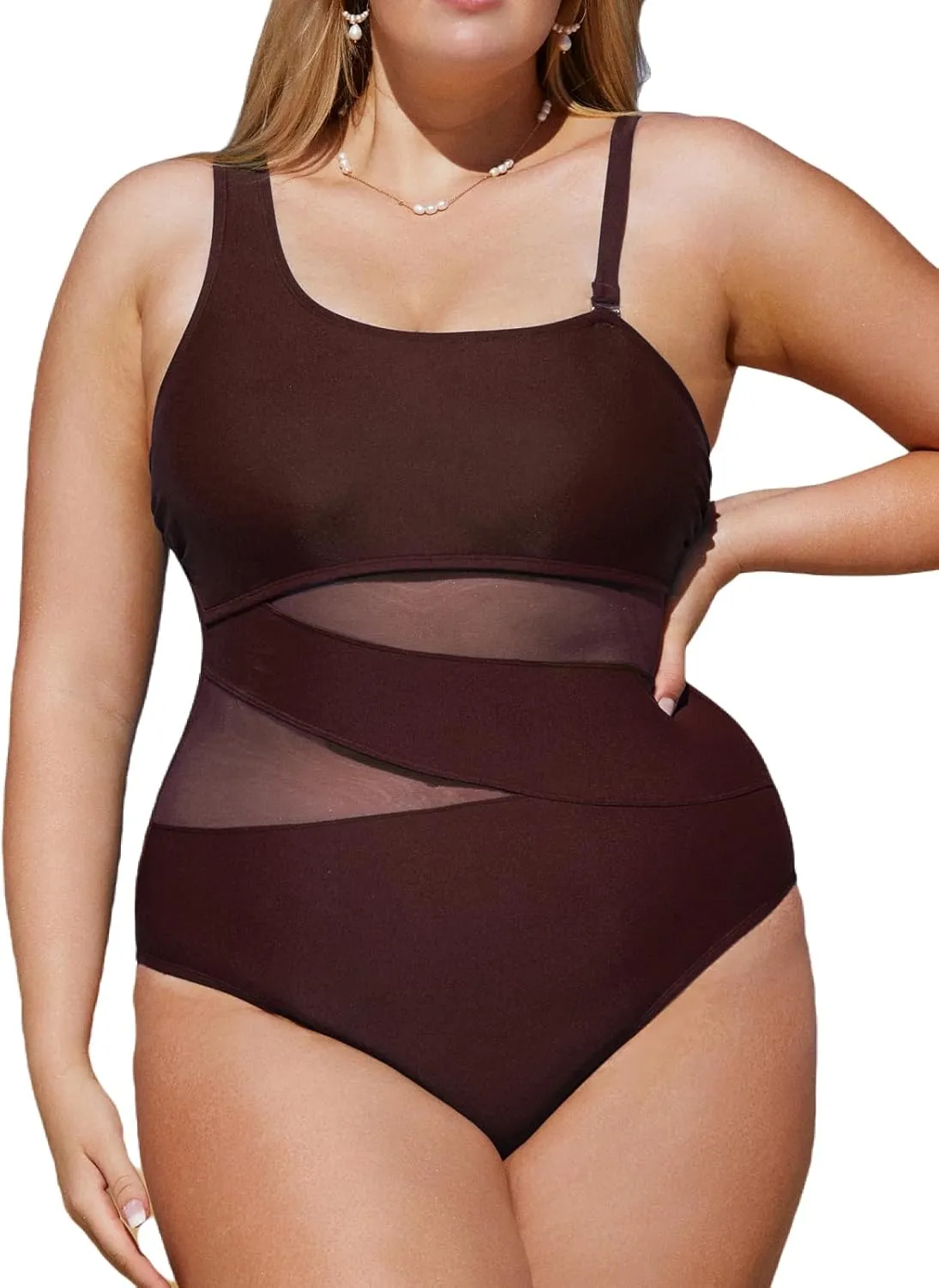 CUPSHE Women's Plus Size Swimsuit One Piece Bathing Suit Mesh Removable Straps Swimwear
