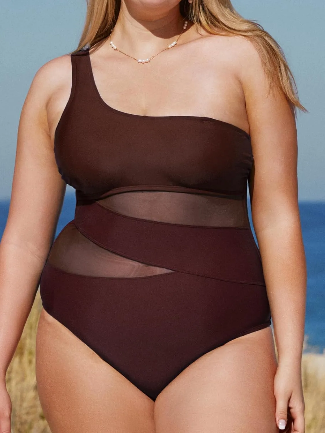 CUPSHE Women's Plus Size Swimsuit One Piece Bathing Suit Mesh Removable Straps Swimwear