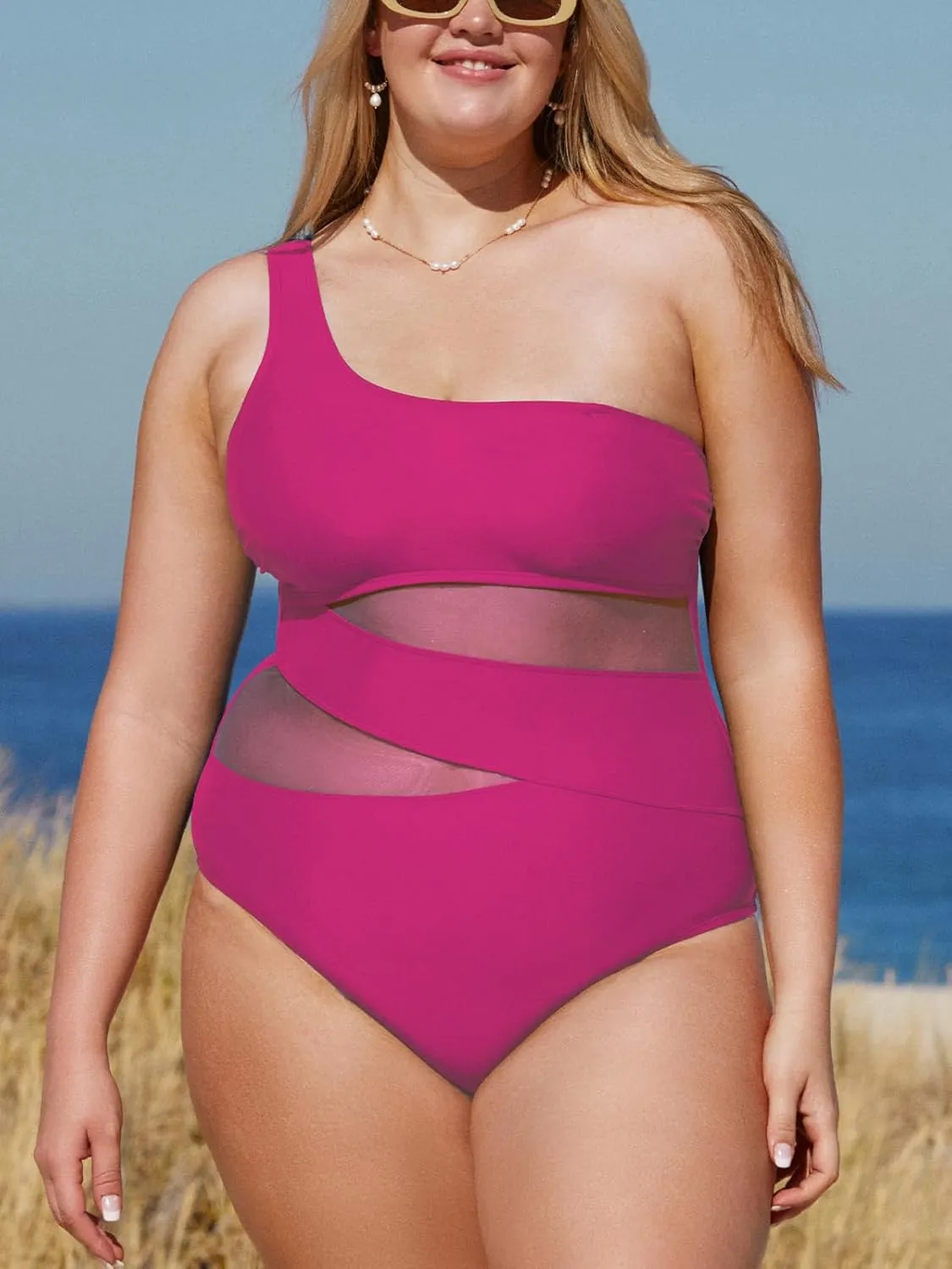CUPSHE Women's Plus Size Swimsuit One Piece Bathing Suit Mesh Removable Straps Swimwear