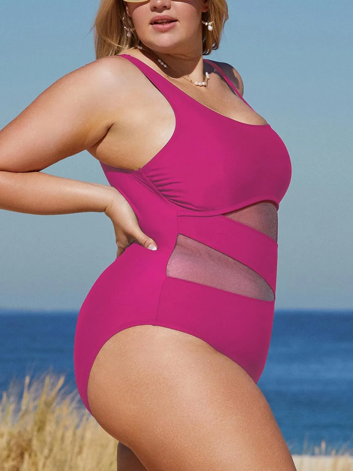 CUPSHE Women's Plus Size Swimsuit One Piece Bathing Suit Mesh Removable Straps Swimwear
