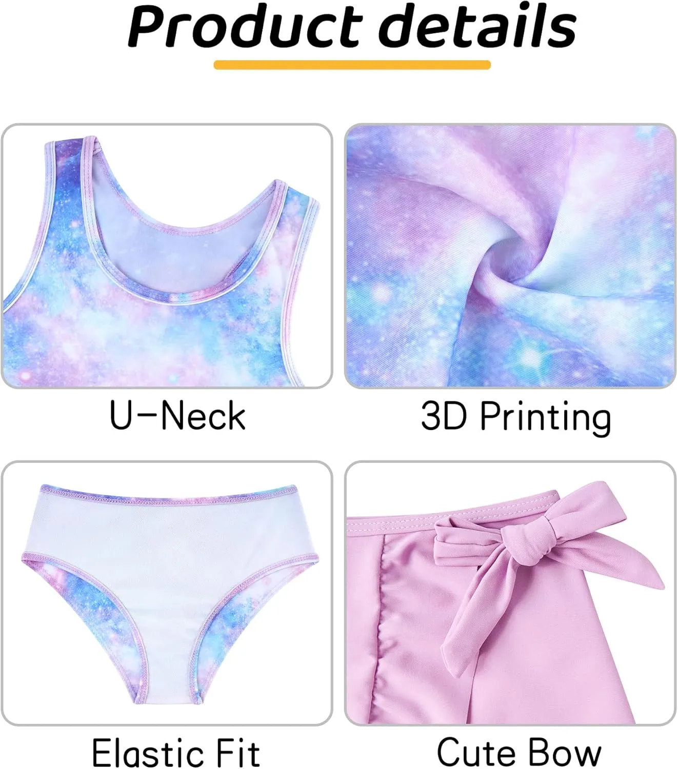 Cutemile Girls Swimsuit 3 Piece Bathing Suit Quick Dry Tankini Set with Cover Up Beach Skirt Bikini Swimwear 6-12 Years