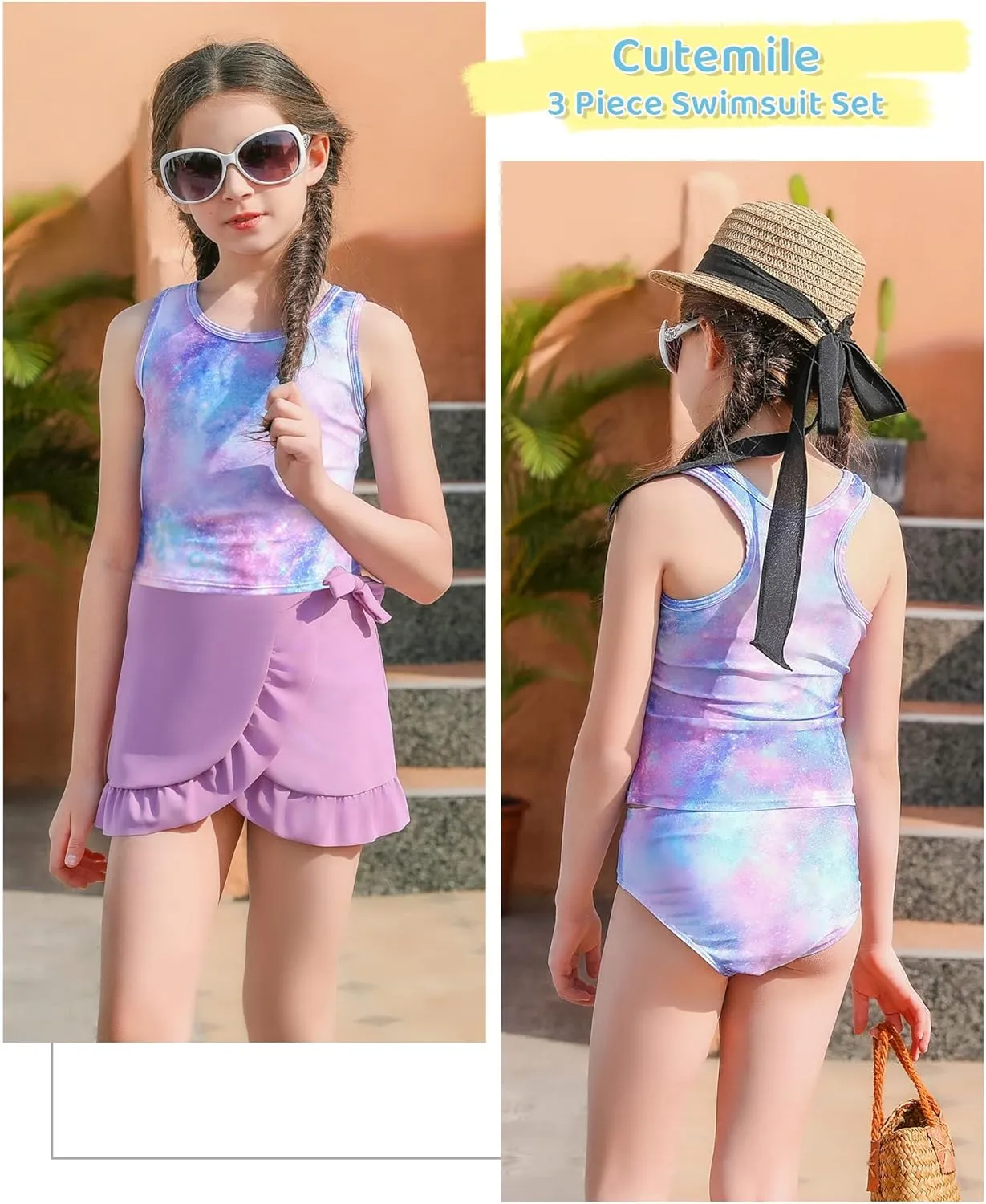 Cutemile Girls Swimsuit 3 Piece Bathing Suit Quick Dry Tankini Set with Cover Up Beach Skirt Bikini Swimwear 6-12 Years