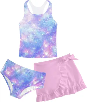 Cutemile Girls Swimsuit 3 Piece Bathing Suit Quick Dry Tankini Set with Cover Up Beach Skirt Bikini Swimwear 6-12 Years