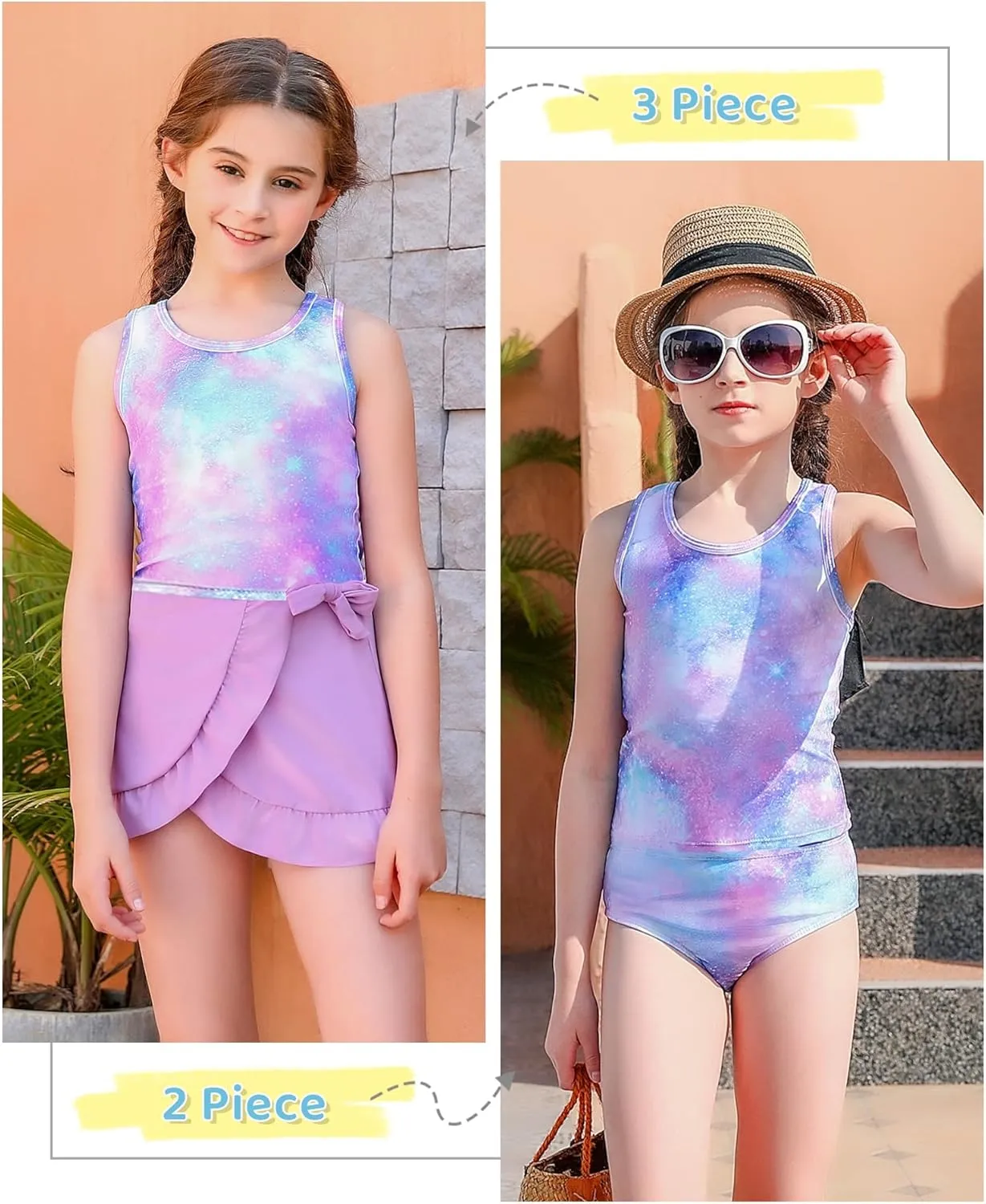 Cutemile Girls Swimsuit 3 Piece Bathing Suit Quick Dry Tankini Set with Cover Up Beach Skirt Bikini Swimwear 6-12 Years