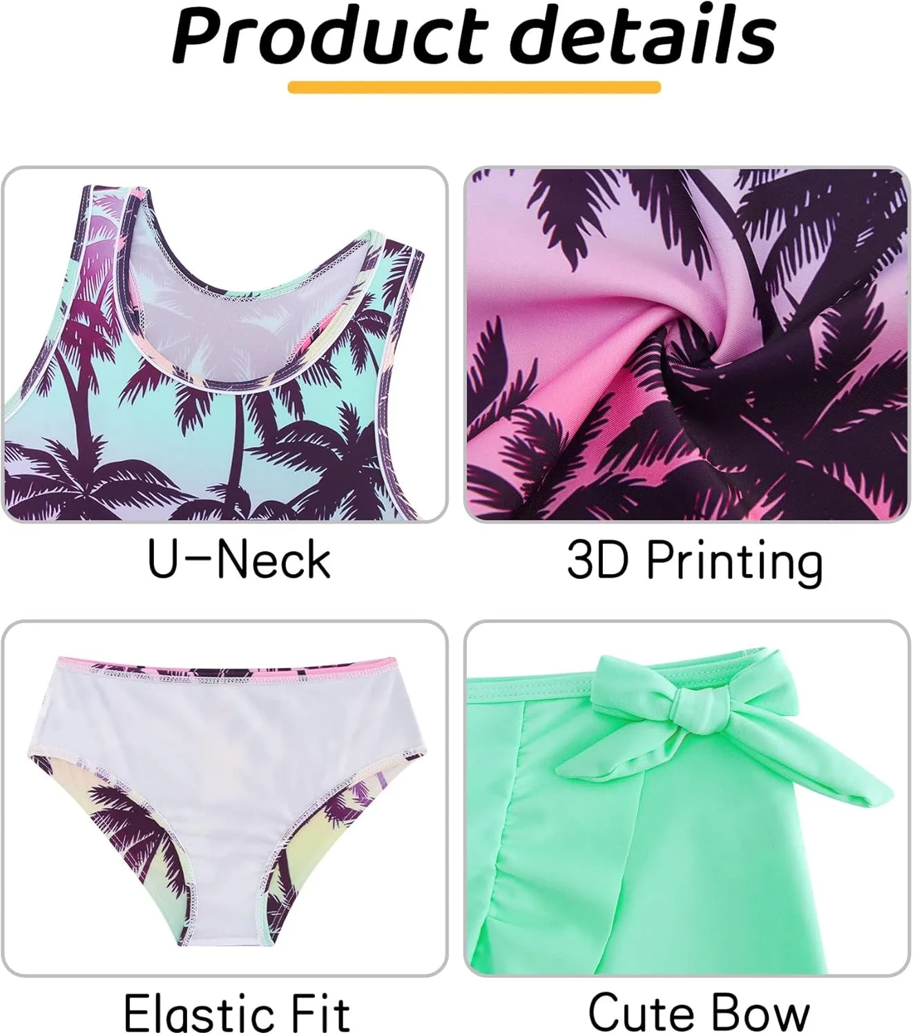 Cutemile Girls Swimsuit 3 Piece Bathing Suit Quick Dry Tankini Set with Cover Up Beach Skirt Bikini Swimwear 6-12 Years