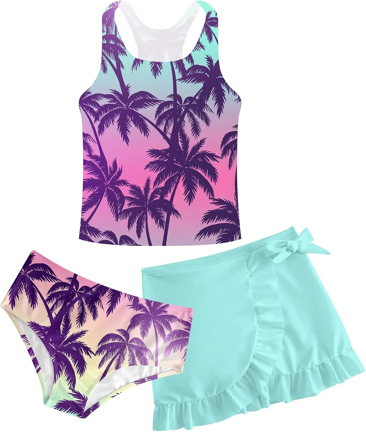 Cutemile Girls Swimsuit 3 Piece Bathing Suit Quick Dry Tankini Set with Cover Up Beach Skirt Bikini Swimwear 6-12 Years
