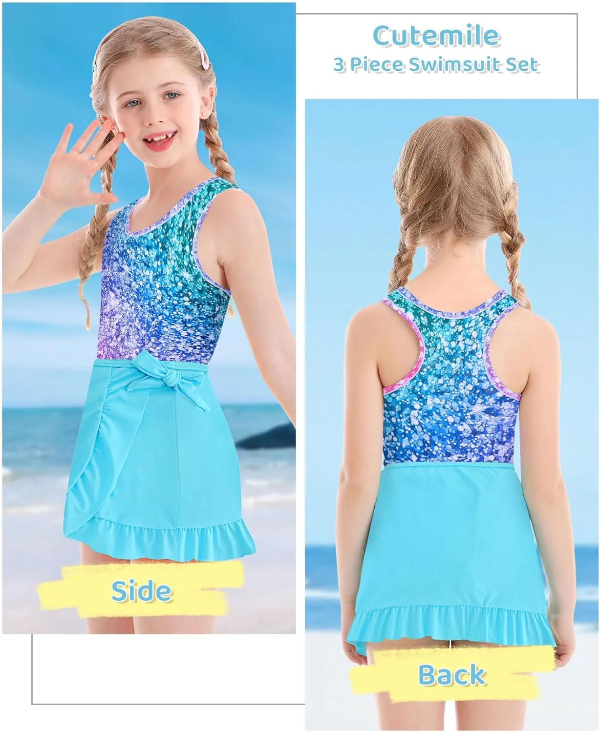 Cutemile Girls Swimsuit 3 Piece Bathing Suit Quick Dry Tankini Set with Cover Up Beach Skirt Bikini Swimwear 6-12 Years
