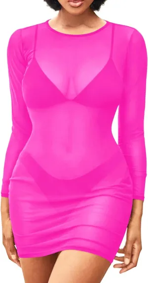 Daci Women's Sexy Sheer Mesh Swimsuit Cover up with Long Sleeves Beach Dress Bodycon Style