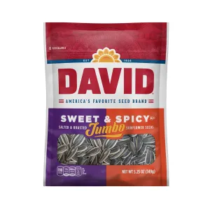 DAVID Roasted and Salted Jumbo Sunflower Seeds, Sweet and Spicy Flavor, 5.25oz. (Pack of 12)