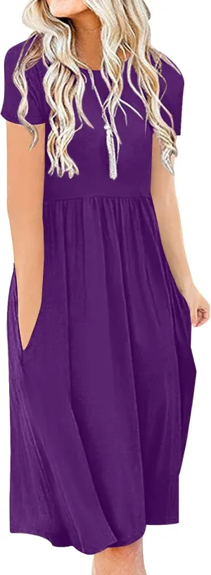 DB MOON Women Summer Casual Short Sleeve Dresses Empire Waist Dress with Pockets