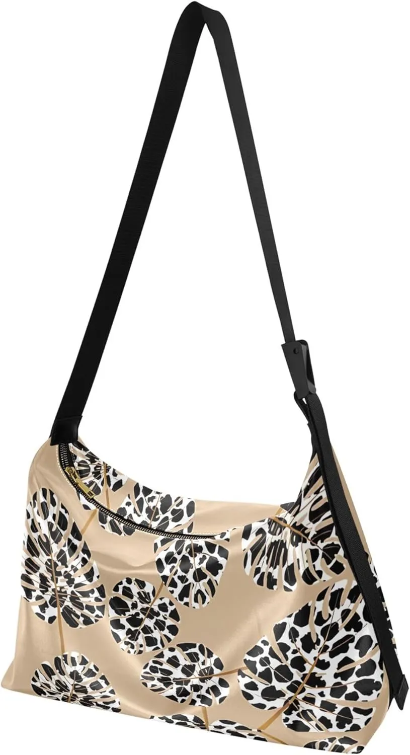 Dinosaurs Tropical Green Leaf Soft PU Leather Hobo Bags Women's Large Purse Design Leaf Print Women Hobo Purse