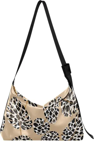 Dinosaurs Tropical Green Leaf Soft PU Leather Hobo Bags Women's Large Purse Design Leaf Print Women Hobo Purse