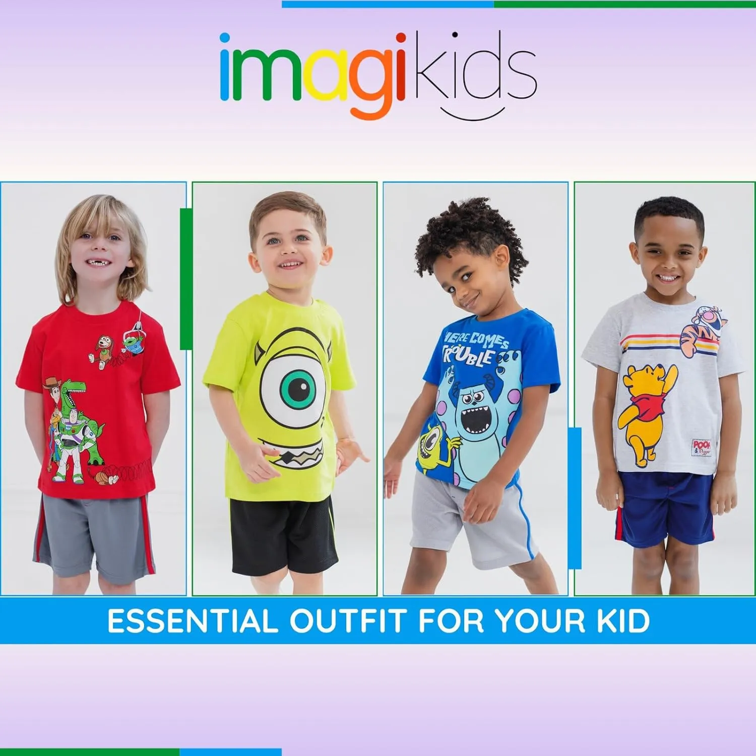Disney Winnie the Pooh Lion King Monsters Inc. Toy Story Incredibles Lilo & Stitch T-Shirt & Mesh Shorts Infant to Big Kid