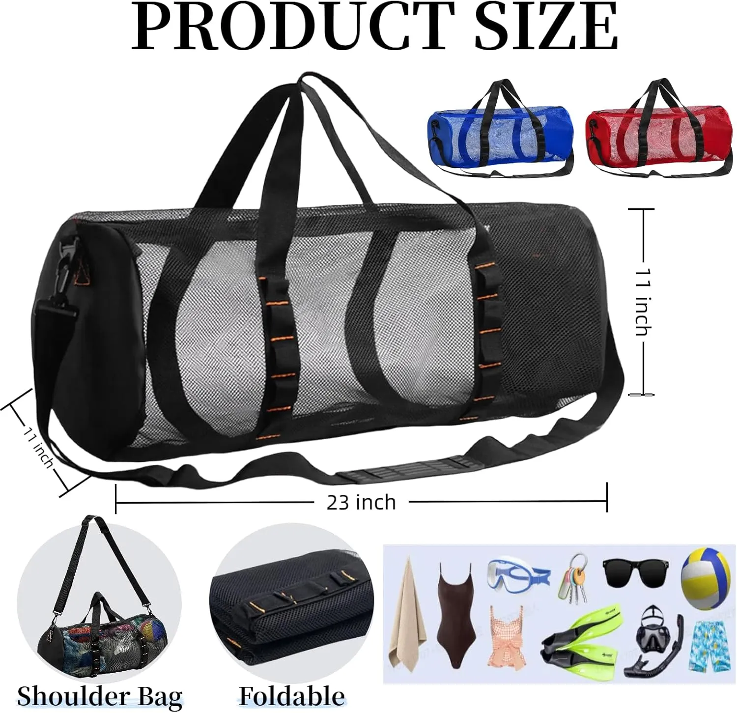 Diving Scuba Surfing Snorkeling Dive Mesh Beach Bag Duffle Bags with Zipper and Adjustable Shoulder Strap for Travel Fitness Camping Swim Gym Gears Balls 23” x 11”