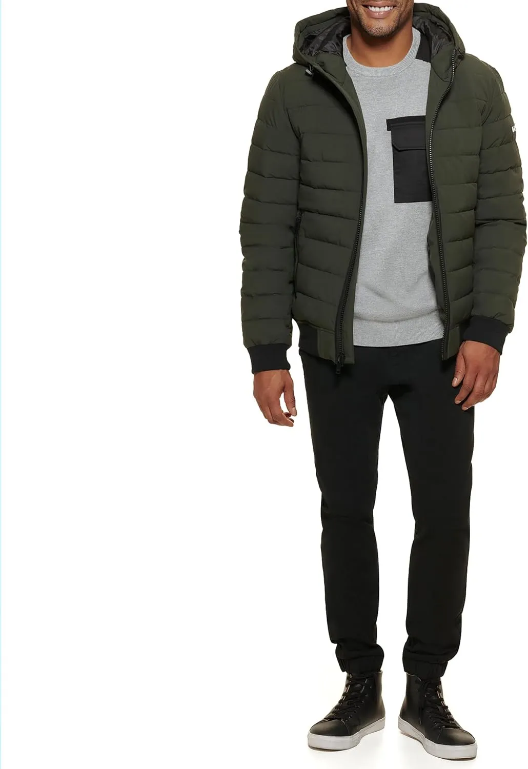 DKNY Men's Quilted Performance Hooded Bomber Jacket
