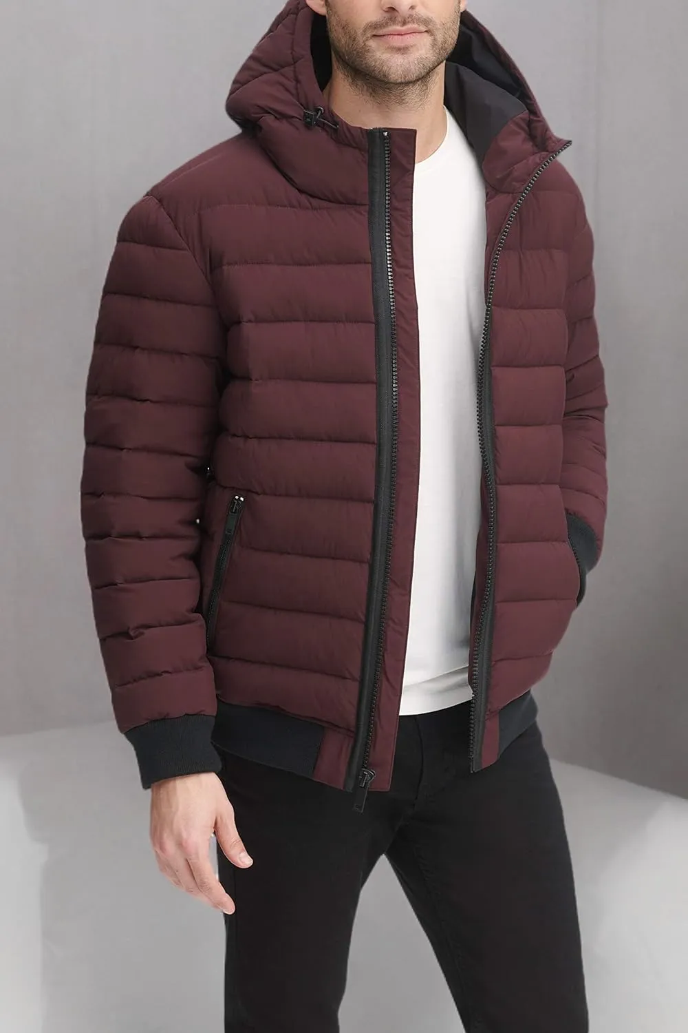 DKNY Men's Quilted Performance Hooded Bomber Jacket