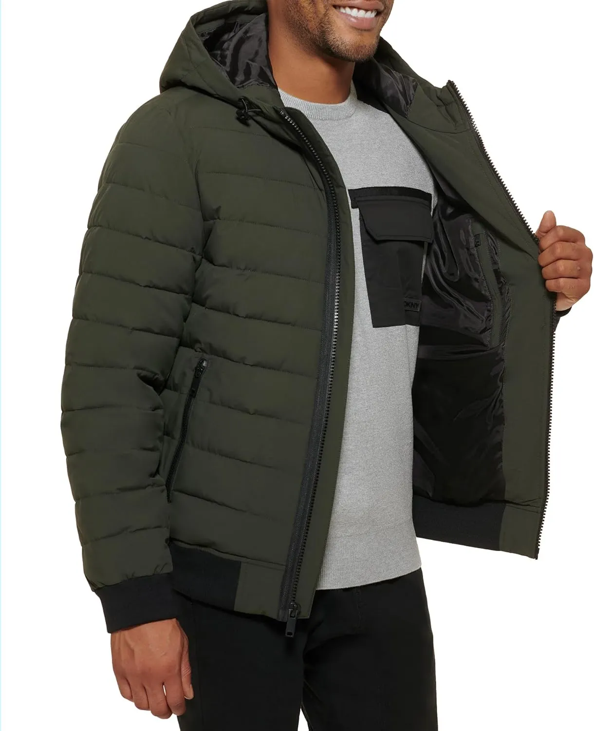 DKNY Men's Quilted Performance Hooded Bomber Jacket
