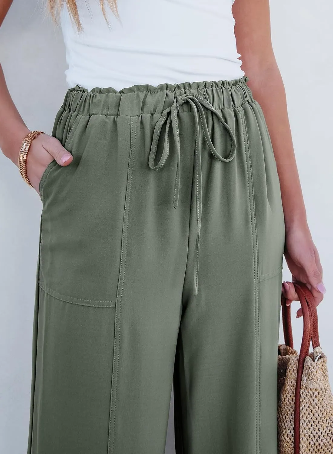 Dokotoo Women's Flowy Wide Leg Pants Casual Beach Pants High Waisted Drawstring Palazzo Trousers with Pockets