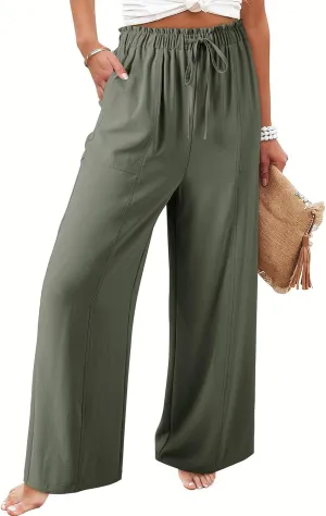 Dokotoo Women's Flowy Wide Leg Pants Casual Beach Pants High Waisted Drawstring Palazzo Trousers with Pockets