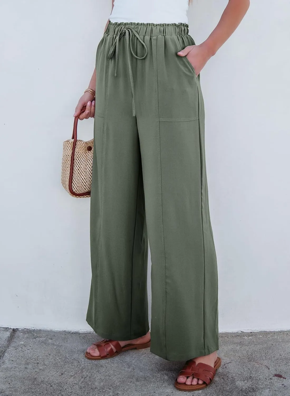 Dokotoo Women's Flowy Wide Leg Pants Casual Beach Pants High Waisted Drawstring Palazzo Trousers with Pockets