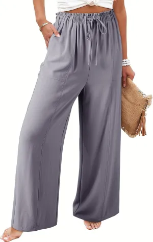 Dokotoo Women's Flowy Wide Leg Pants Casual Beach Pants High Waisted Drawstring Palazzo Trousers with Pockets