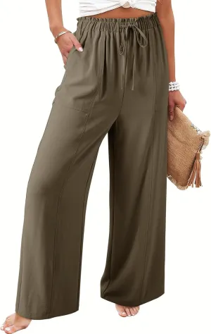 Dokotoo Women's Flowy Wide Leg Pants Casual Beach Pants High Waisted Drawstring Palazzo Trousers with Pockets