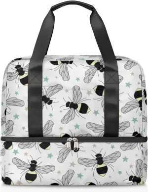 Double Sports Travel Gym Bag - Duffel Bags with Shoe Compartment Training Handbag for Men and Women, Waterproof Dry Wet Separated Overnight Weekend Hospital Holdall, Cabin Carry On Flight Bag, Bees