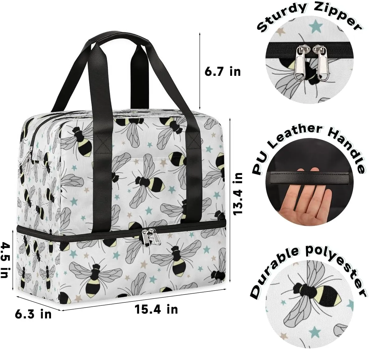 Double Sports Travel Gym Bag - Duffel Bags with Shoe Compartment Training Handbag for Men and Women, Waterproof Dry Wet Separated Overnight Weekend Hospital Holdall, Cabin Carry On Flight Bag, Bees