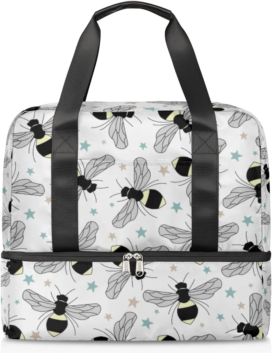 Double Sports Travel Gym Bag - Duffel Bags with Shoe Compartment Training Handbag for Men and Women, Waterproof Dry Wet Separated Overnight Weekend Hospital Holdall, Cabin Carry On Flight Bag, Bees