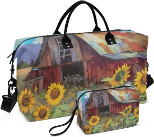Duffel Bag Set for Travel Gym Sport, Weekender Bag Carry on Overnight Bags for Women Men-Barn Sunflower Print