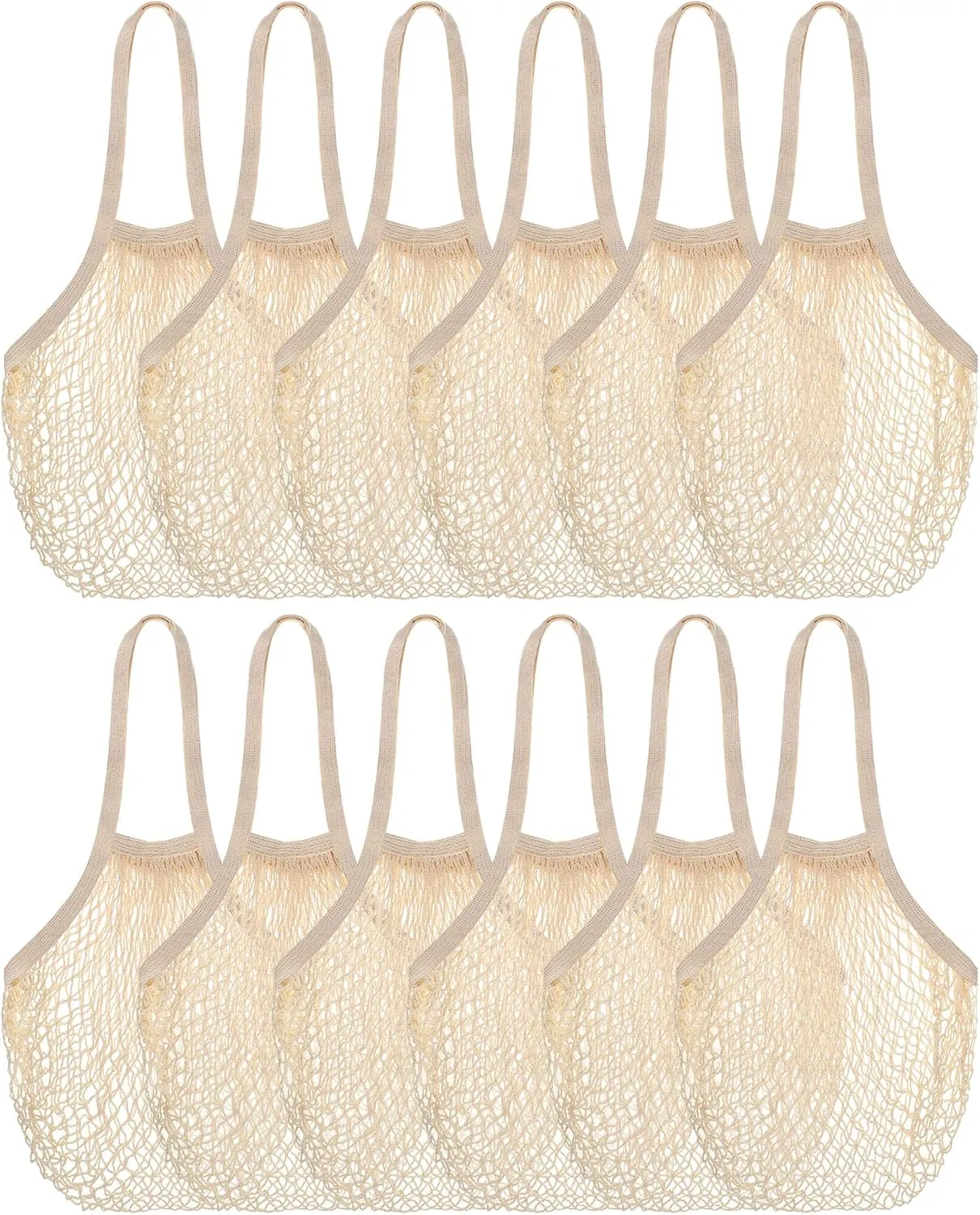 Eccliy 12 Pieces Mesh Grocery Bag Beach Bags Bulk Reusable Cotton Aesthetic Portable Tote with Handles for Fruit Vegetable(Beige)