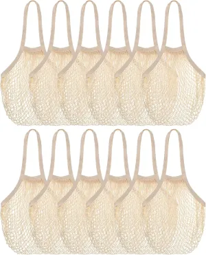 Eccliy 12 Pieces Mesh Grocery Bag Beach Bags Bulk Reusable Cotton Aesthetic Portable Tote with Handles for Fruit Vegetable(Beige)