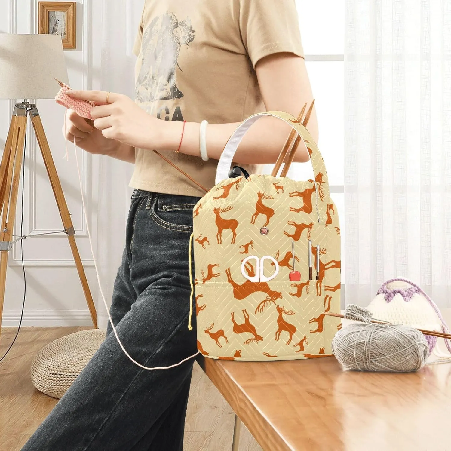 ElliTarr Crochet Bag Yarn Bag with Handle Portable Knitting Project Bag Travel Yarn Storage Organizer Holder Case Christmas Deer Reindeer Yellow