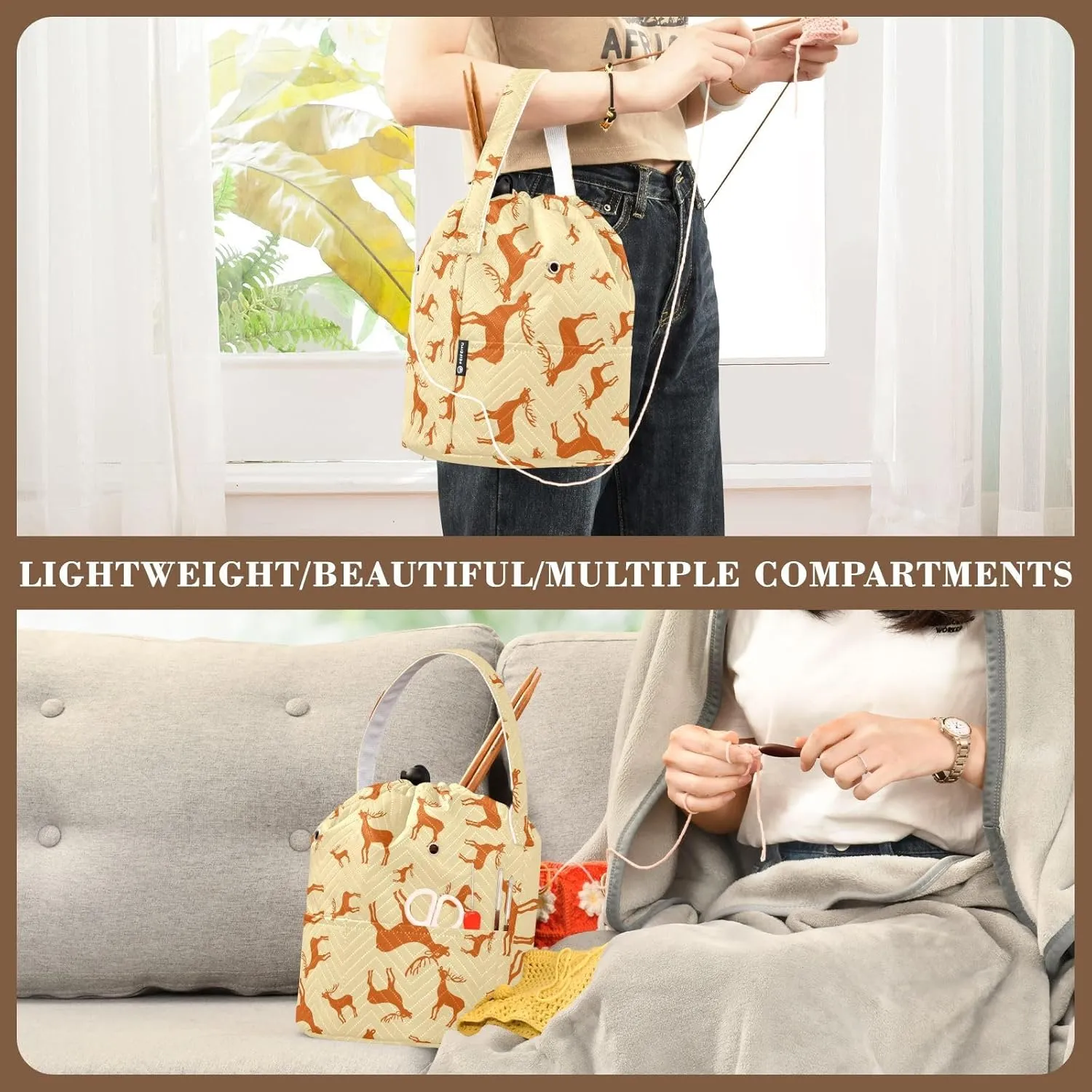 ElliTarr Crochet Bag Yarn Bag with Handle Portable Knitting Project Bag Travel Yarn Storage Organizer Holder Case Christmas Deer Reindeer Yellow