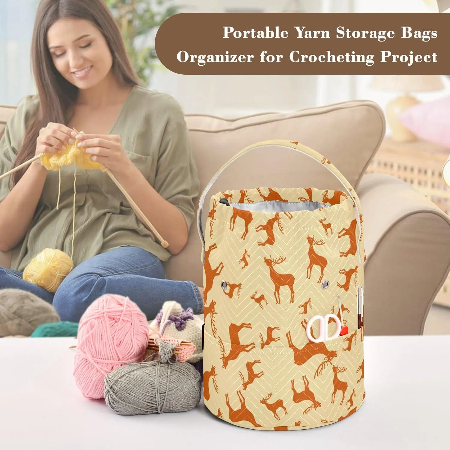 ElliTarr Crochet Bag Yarn Bag with Handle Portable Knitting Project Bag Travel Yarn Storage Organizer Holder Case Christmas Deer Reindeer Yellow
