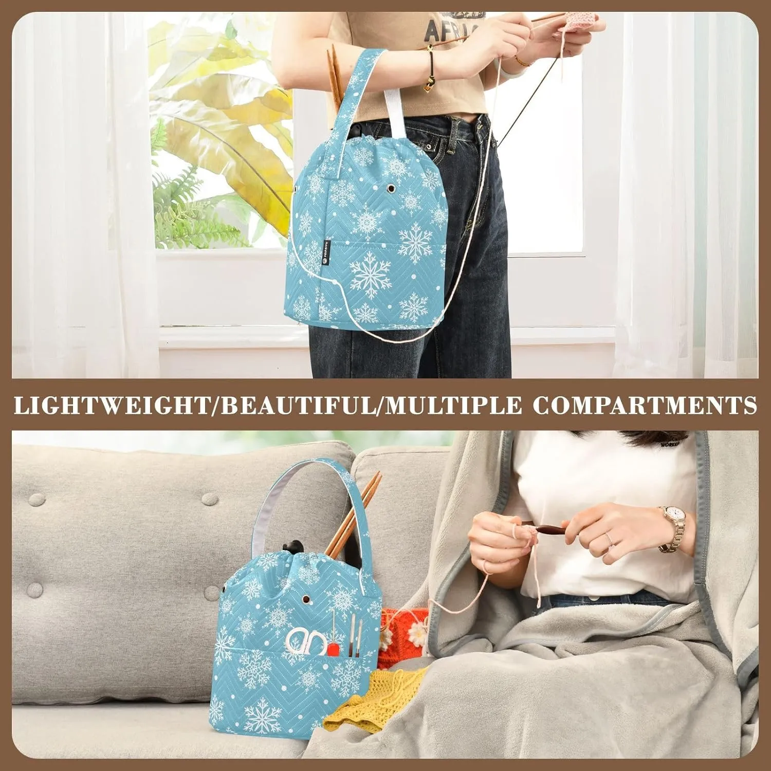 ElliTarr Crochet Bag Yarn Bag with Handle Portable Knitting Project Bag Travel Yarn Storage Organizer Holder Case Winter Snowflake Blue