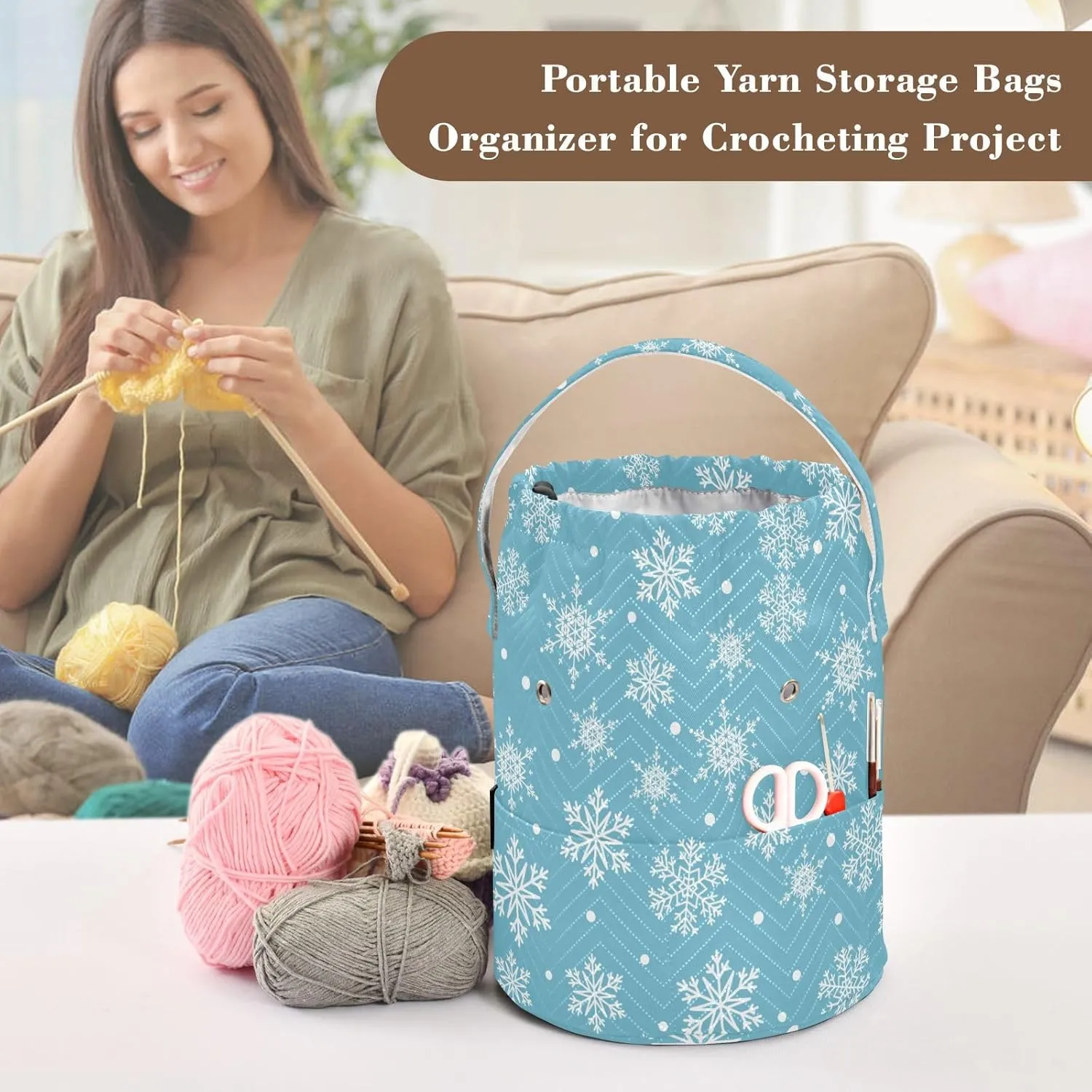 ElliTarr Crochet Bag Yarn Bag with Handle Portable Knitting Project Bag Travel Yarn Storage Organizer Holder Case Winter Snowflake Blue