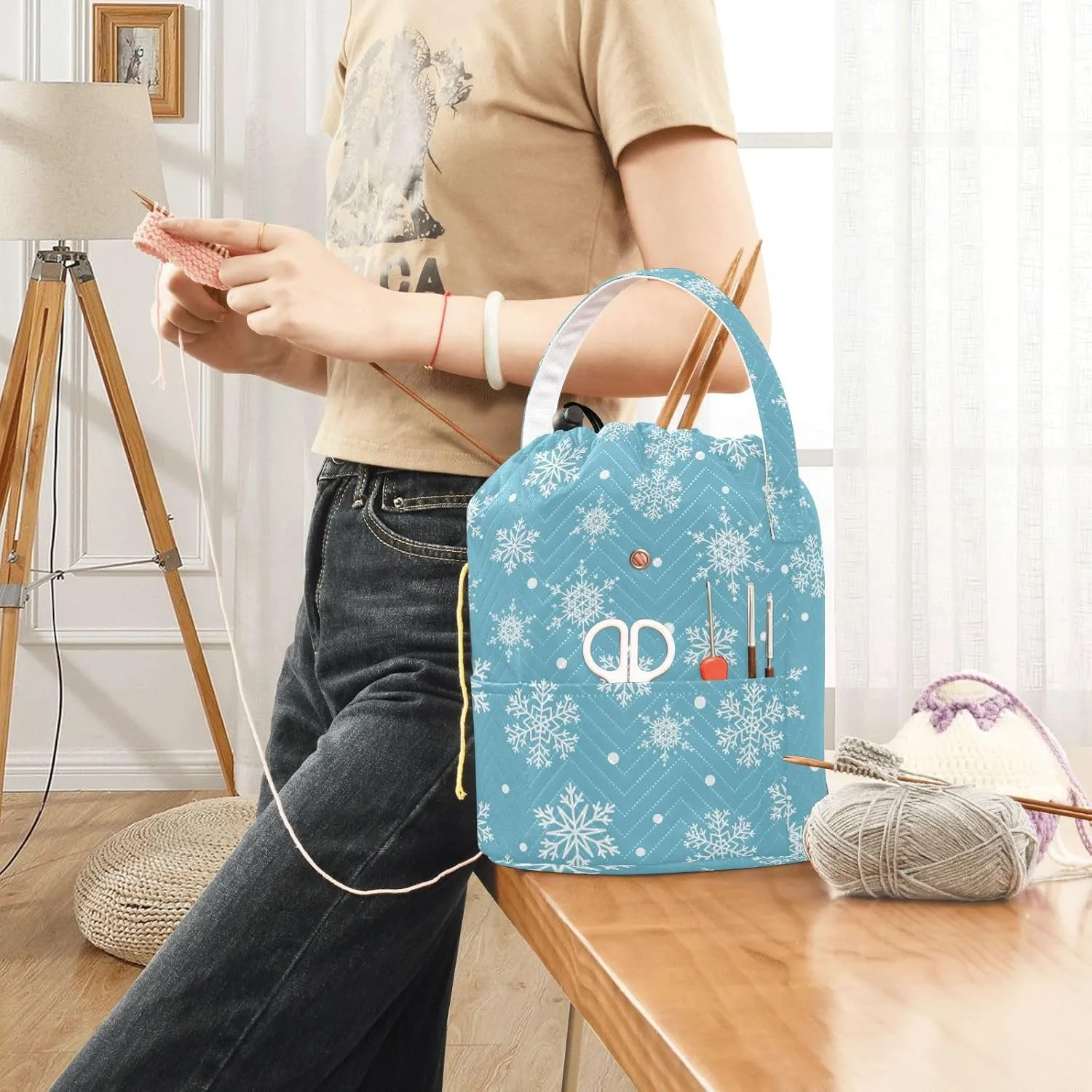 ElliTarr Crochet Bag Yarn Bag with Handle Portable Knitting Project Bag Travel Yarn Storage Organizer Holder Case Winter Snowflake Blue
