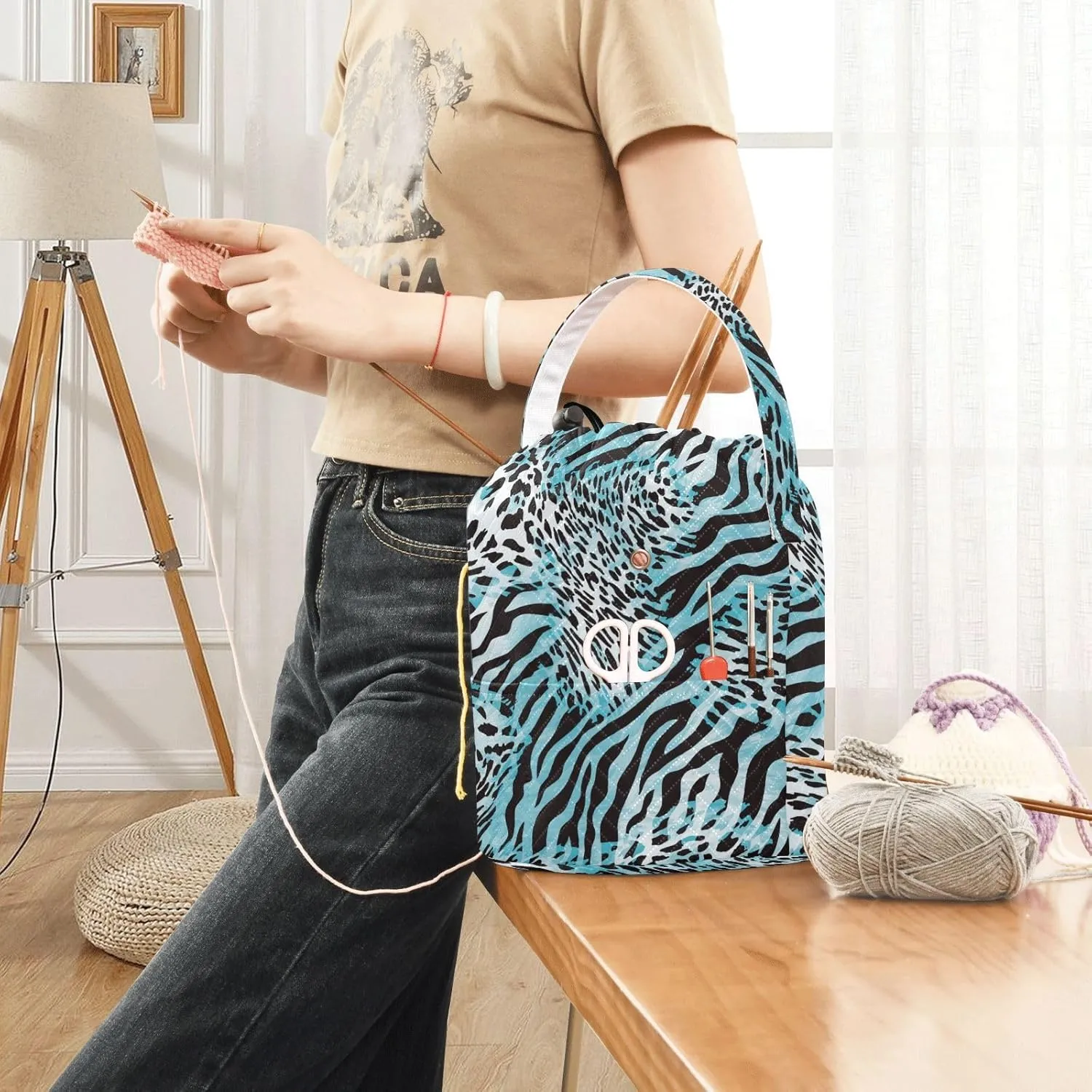 ElliTarr Crochet Bag Yarn Bag with Handle Portable Knitting Project Bag Travel Yarn Storage Organizer Holder Case Zebra Print Blue