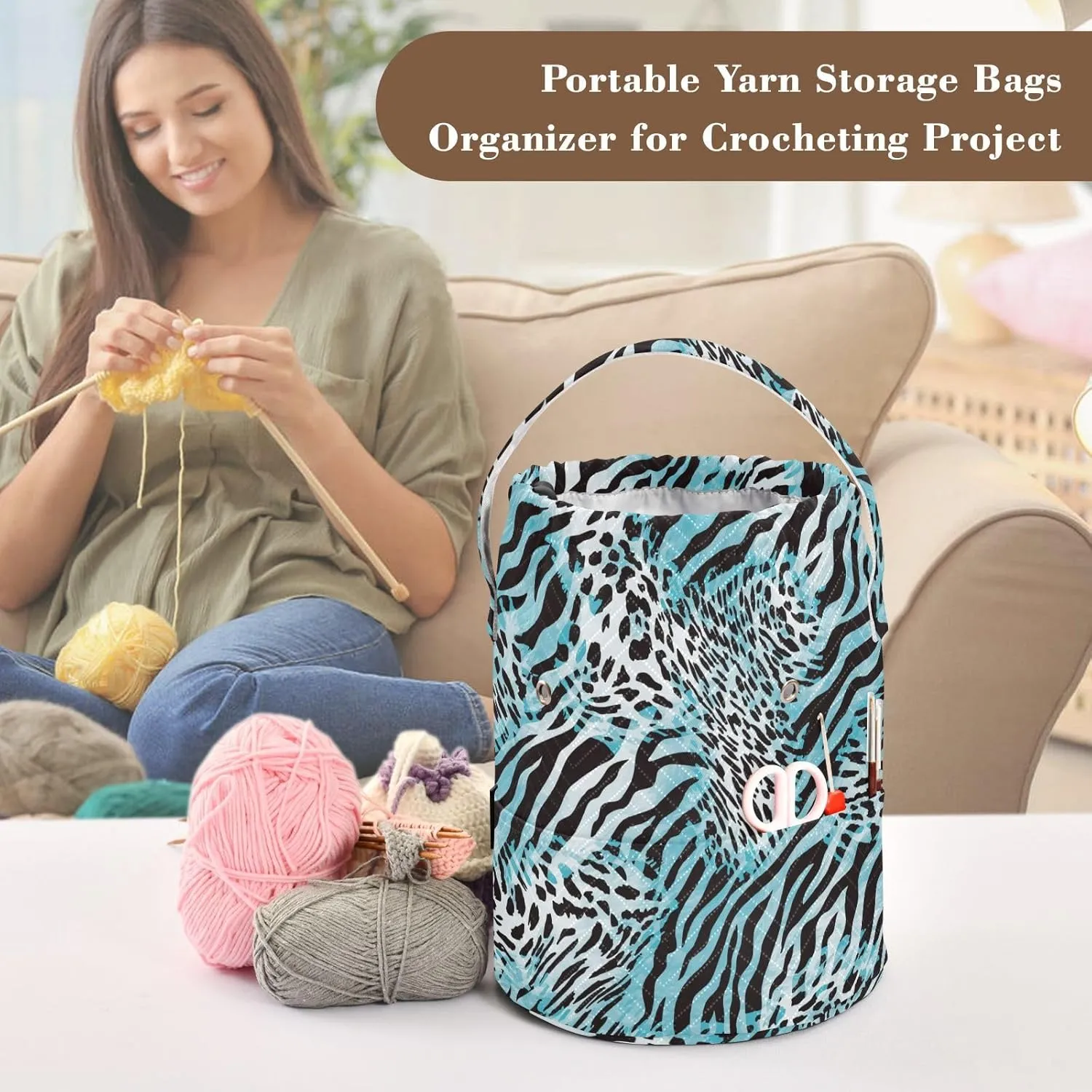 ElliTarr Crochet Bag Yarn Bag with Handle Portable Knitting Project Bag Travel Yarn Storage Organizer Holder Case Zebra Print Blue
