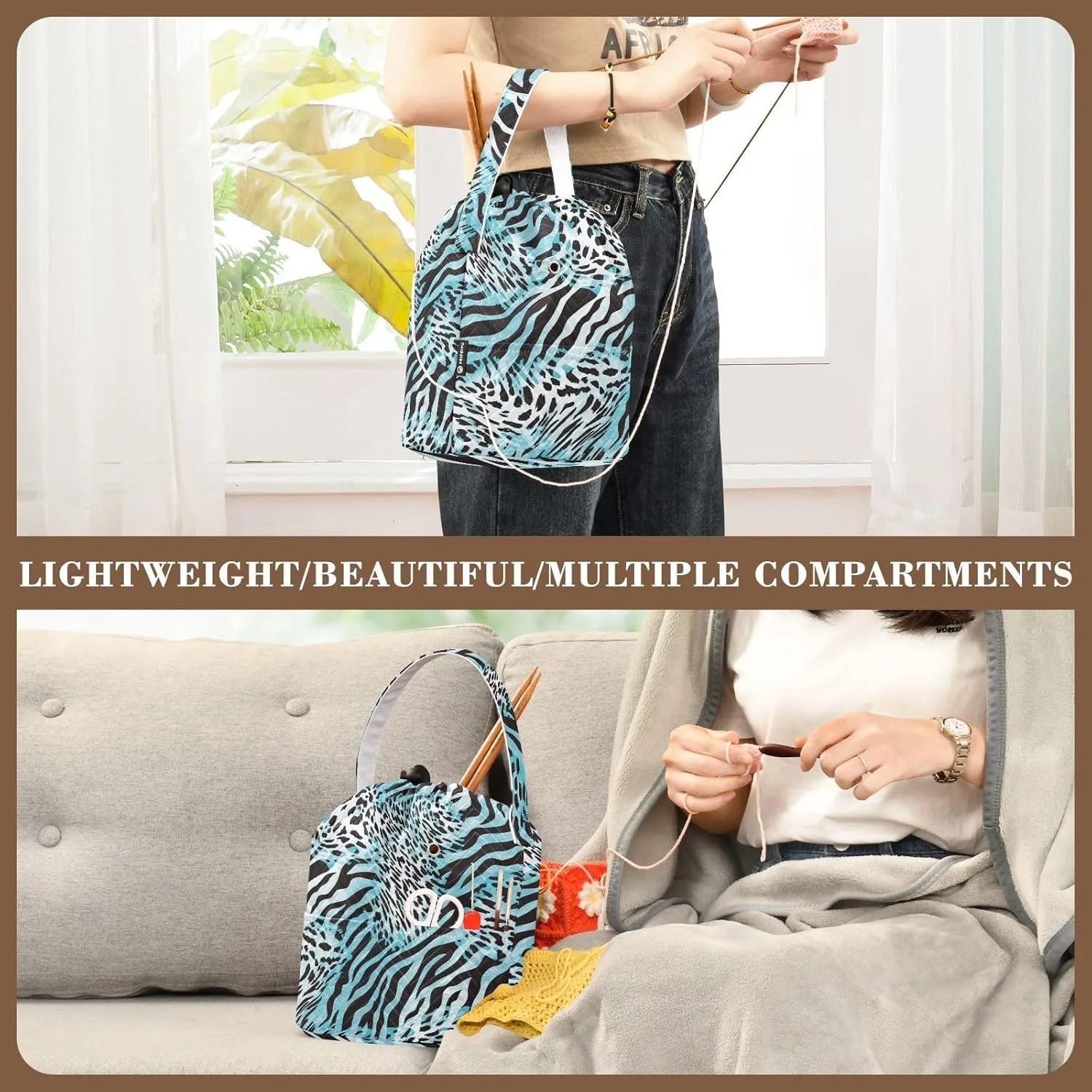 ElliTarr Crochet Bag Yarn Bag with Handle Portable Knitting Project Bag Travel Yarn Storage Organizer Holder Case Zebra Print Blue