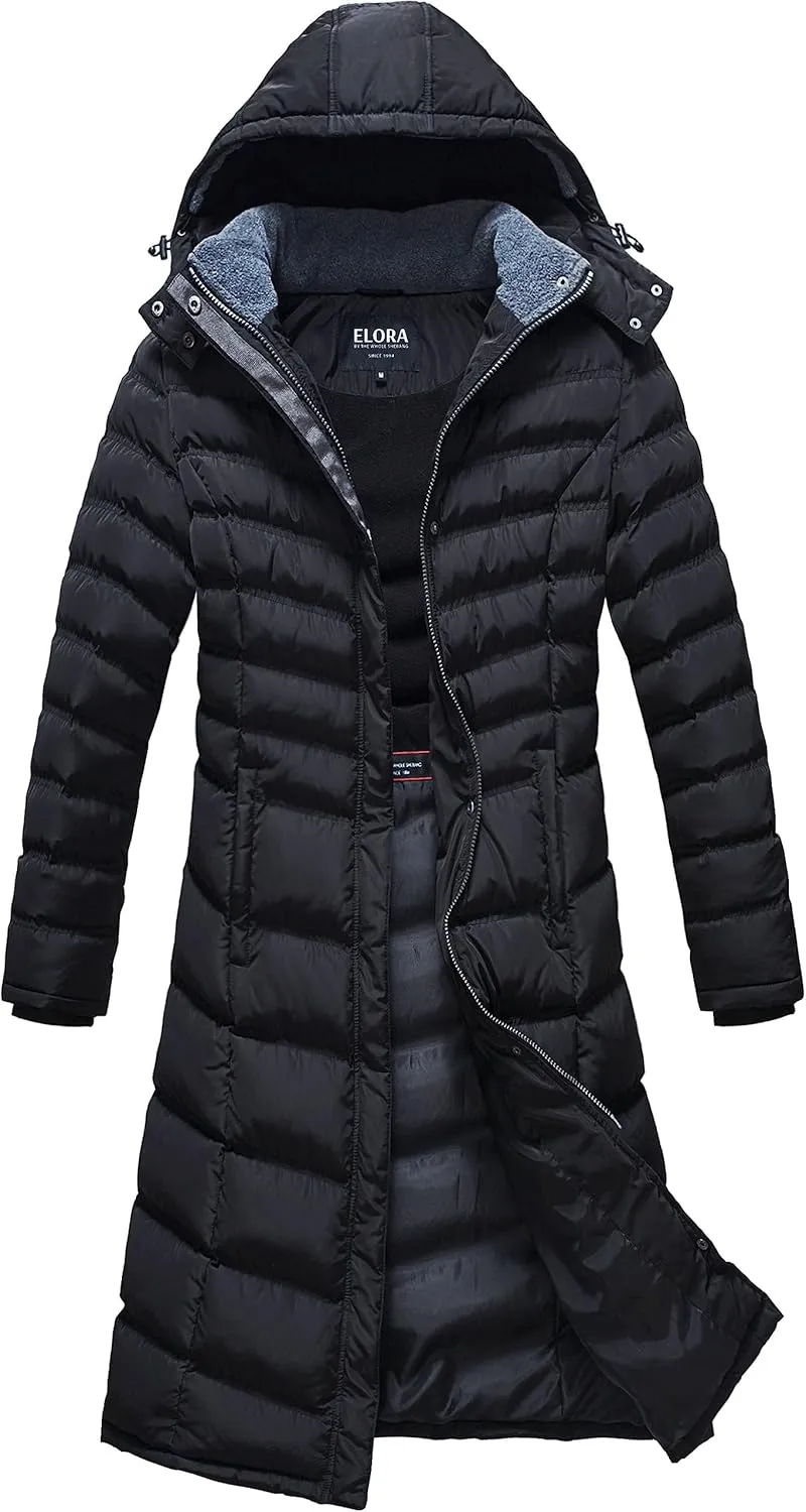 ELORA Women's Warm Winter Heavyweight Quilted 40' inch Long Fleece Trim Puffer Coat Parka Removal Hood