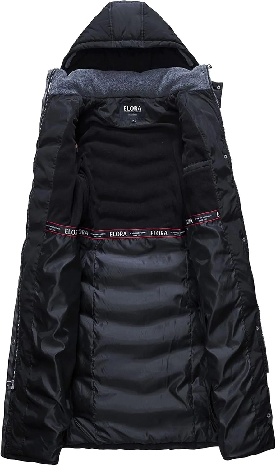 ELORA Women's Warm Winter Heavyweight Quilted 40' inch Long Fleece Trim Puffer Coat Parka Removal Hood