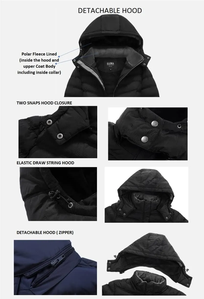 ELORA Women's Warm Winter Heavyweight Quilted 40' inch Long Fleece Trim Puffer Coat Parka Removal Hood