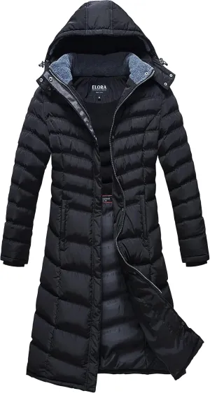 ELORA Women's Warm Winter Heavyweight Quilted 40' inch Long Fleece Trim Puffer Coat Parka Removal Hood