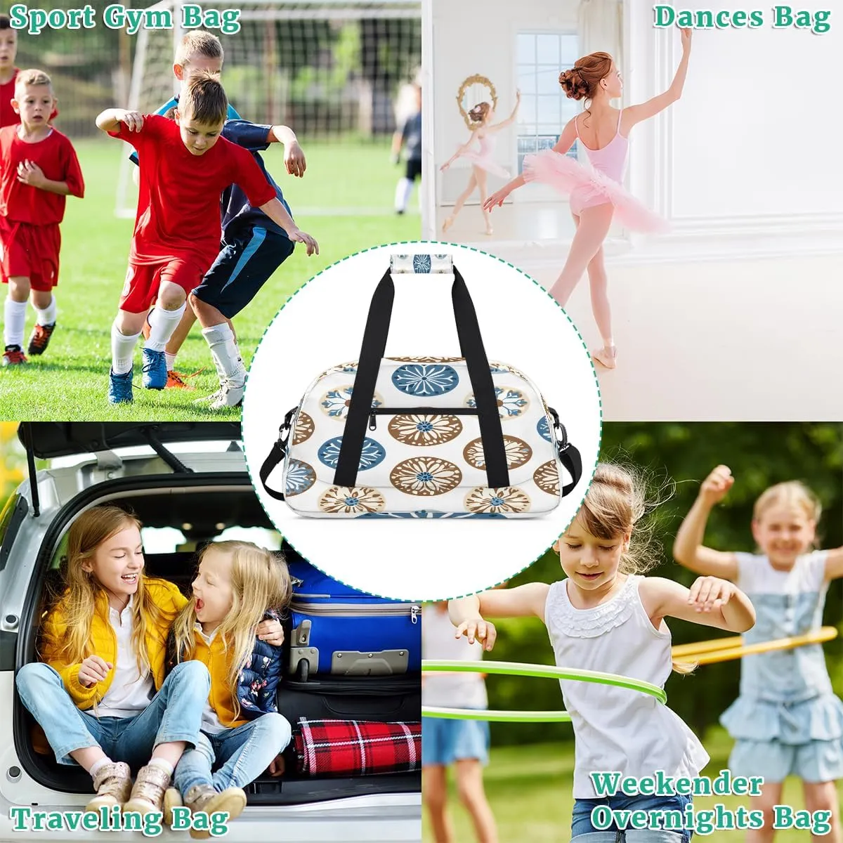 Embroidery Batik African Kids Overnighter Duffel Bags for Boys, Carry-On Size Sports Gym Bag with Front Zipper Pocket for School Practice or Overnight Travel Weekender Sleepover Tote Bag