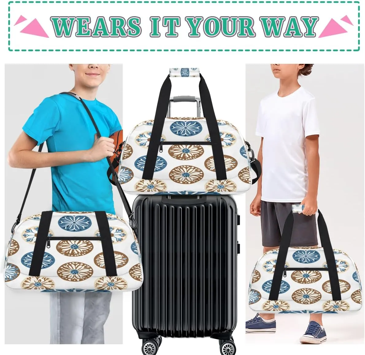 Embroidery Batik African Kids Overnighter Duffel Bags for Boys, Carry-On Size Sports Gym Bag with Front Zipper Pocket for School Practice or Overnight Travel Weekender Sleepover Tote Bag