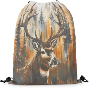 Erosebridal 3D Tribal Deer Hunting Drawstring Backpack,Vintage Batik Wildlife String Backpack for Cabin Lodge,Moose Reindeer Jungle Drawstring Bags,Rustic Farmhouse Woodland Animal Cinch bag,13x15.7