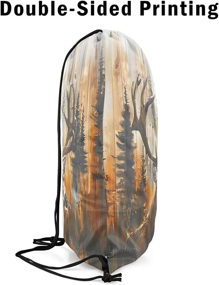 Erosebridal 3D Tribal Deer Hunting Drawstring Backpack,Vintage Batik Wildlife String Backpack for Cabin Lodge,Moose Reindeer Jungle Drawstring Bags,Rustic Farmhouse Woodland Animal Cinch bag,13x15.7