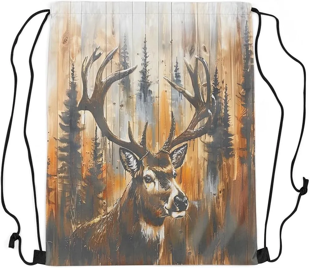 Erosebridal 3D Tribal Deer Hunting Drawstring Backpack,Vintage Batik Wildlife String Backpack for Cabin Lodge,Moose Reindeer Jungle Drawstring Bags,Rustic Farmhouse Woodland Animal Cinch bag,13x15.7
